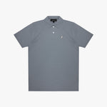 A gray polo shirt with a small embroidered logo on the left chest, displayed flat against a light gray background.