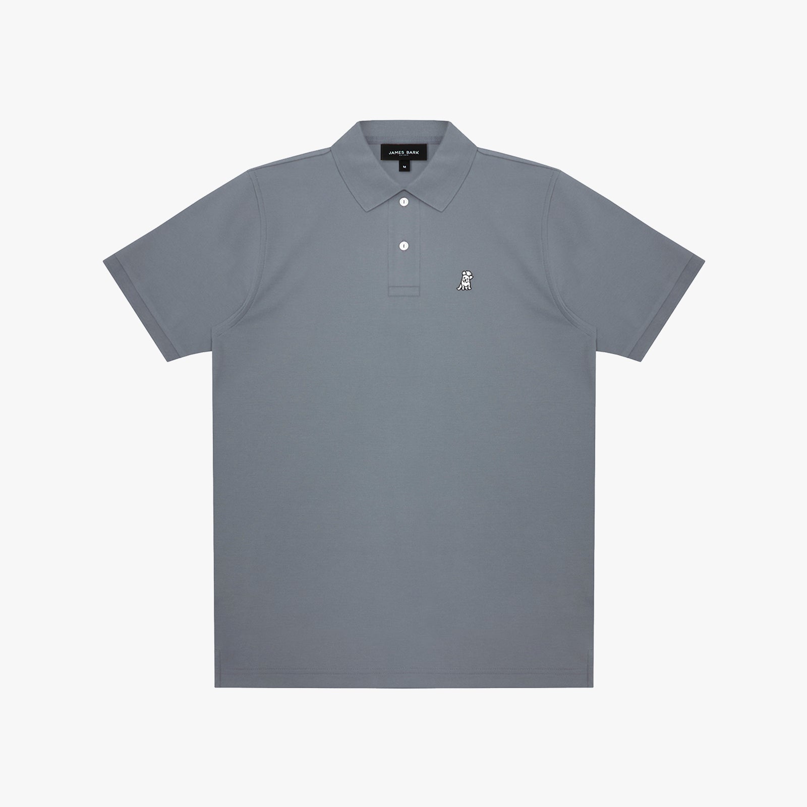 A gray polo shirt with a small embroidered logo on the left chest, displayed flat against a light gray background.