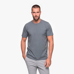 Man wearing a gray t-shirt with a small logo on a white background
