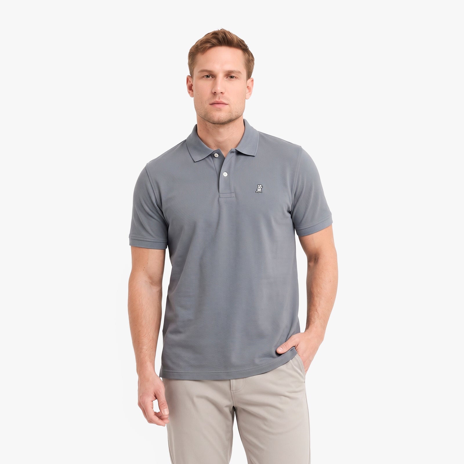 A man wearing a gray short-sleeve polo shirt with a small embroidered logo on the chest.