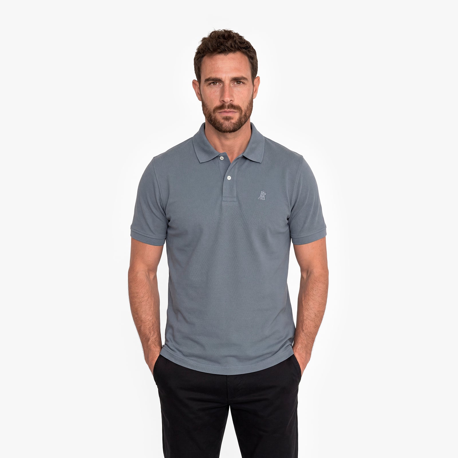 Men wearing a gray polo on a white background