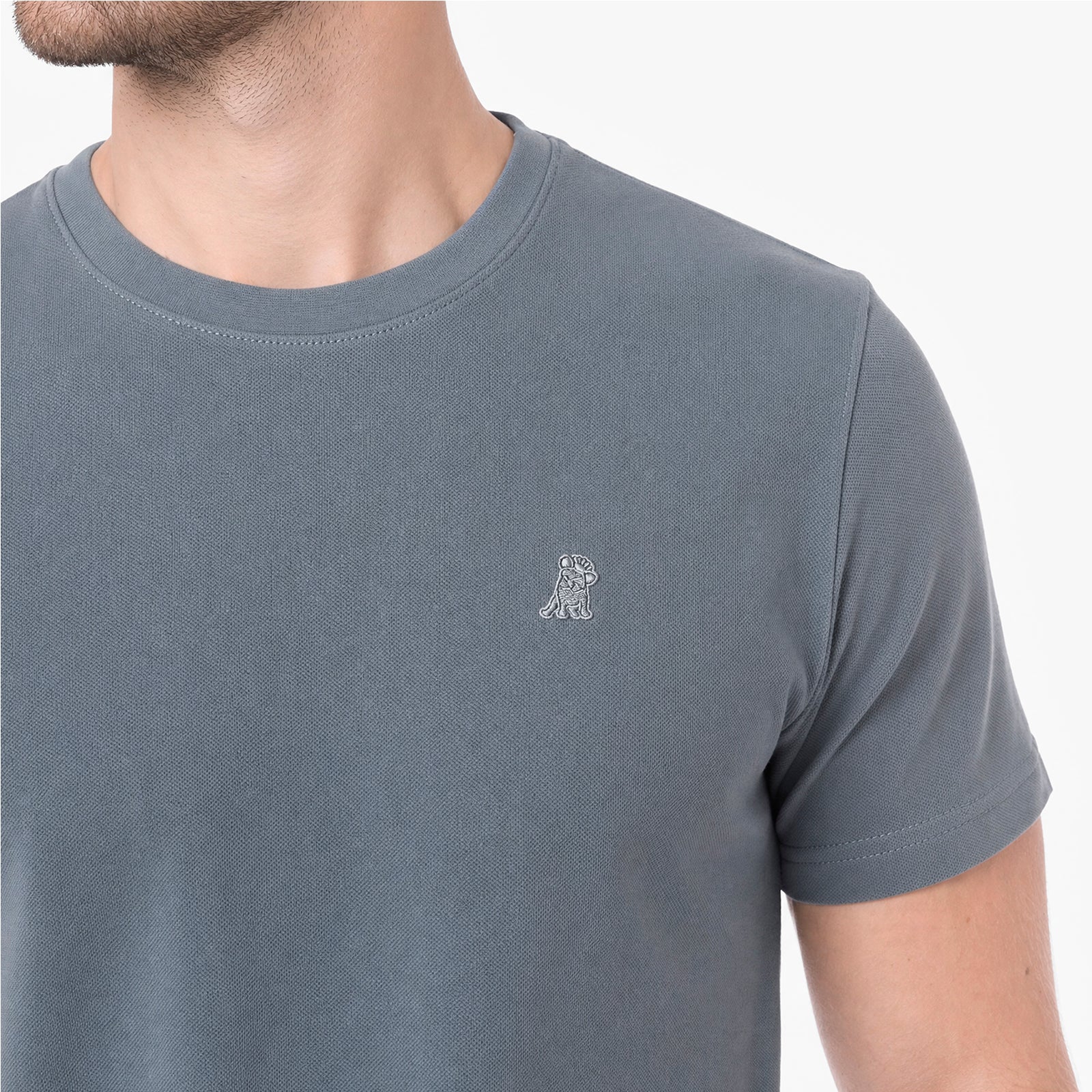 A close-up of a man wearing a gray crew-neck t-shirt with a small white embroidered dog logo