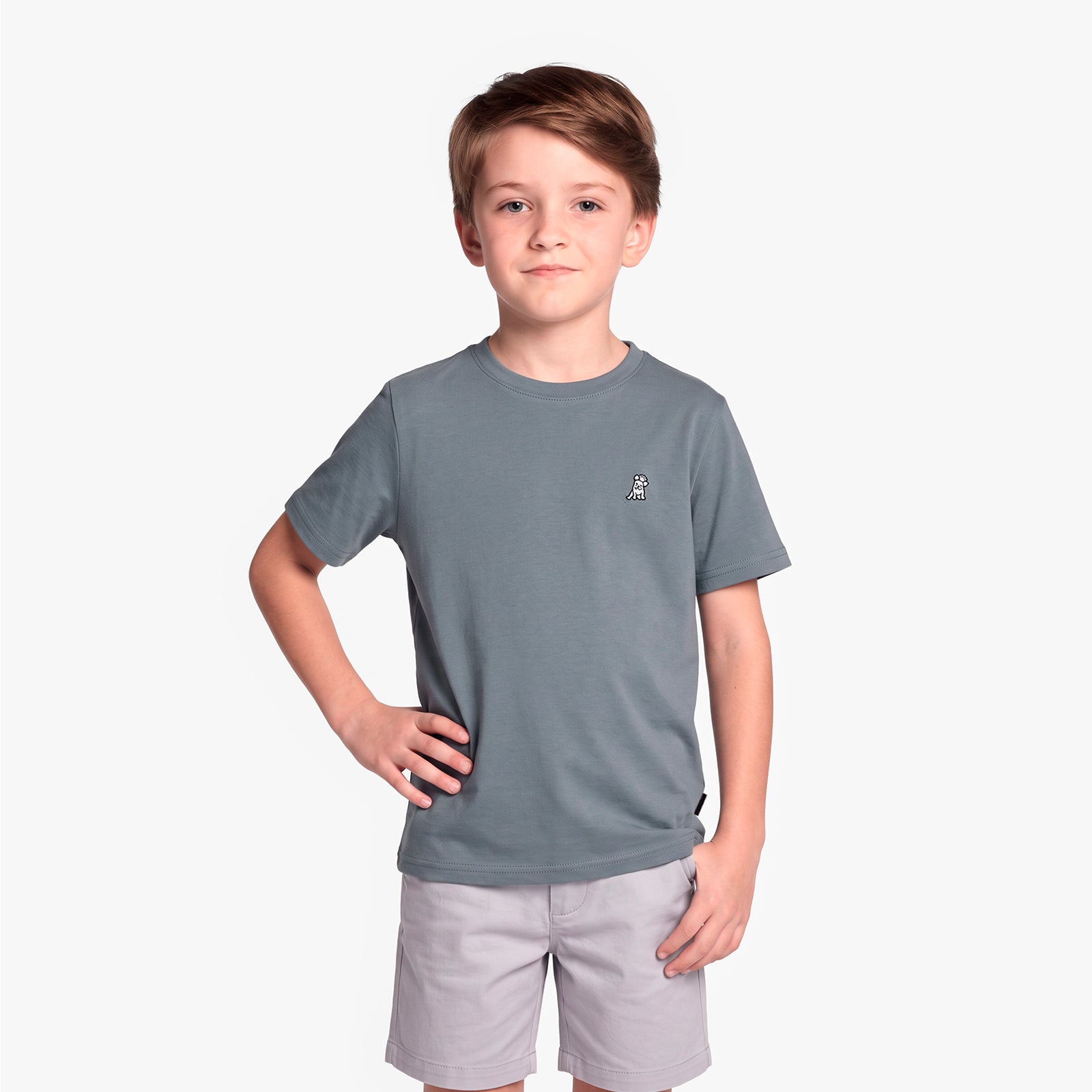 A young boy wearing a slate gray T-shirt with a small embroidered logo on the left chest, paired with light gray shorts