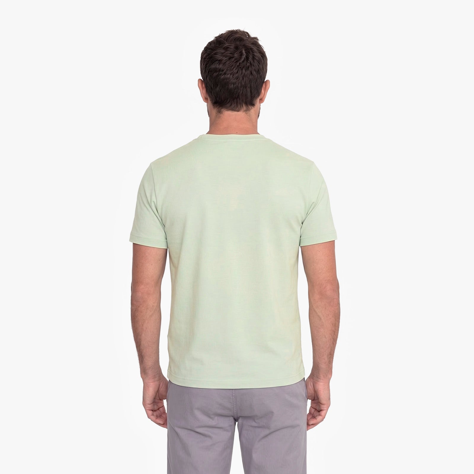 Man wearing a light green t-shirt on a white background