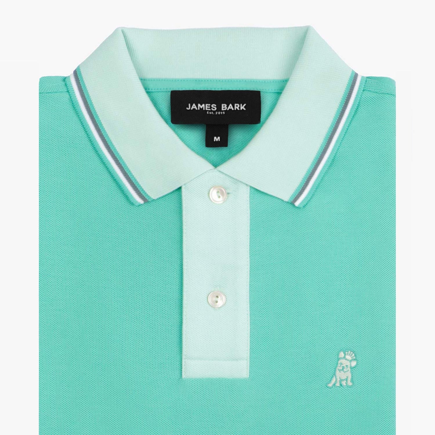 Close-up of the collar and upper part of the mint green polo shirt, showing the buttons and the small embroidered logo on the chest.