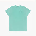 The mint green t-shirt laid flat, showing the front of the shirt with the small embroidered animal logo on the left chest.