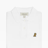 Flat-lay front view of the white polo shirt displaying the buttoned collar and embroidered logo.