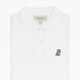 Flat-lay front view of the white polo shirt displaying the buttoned collar and embroidered logo.