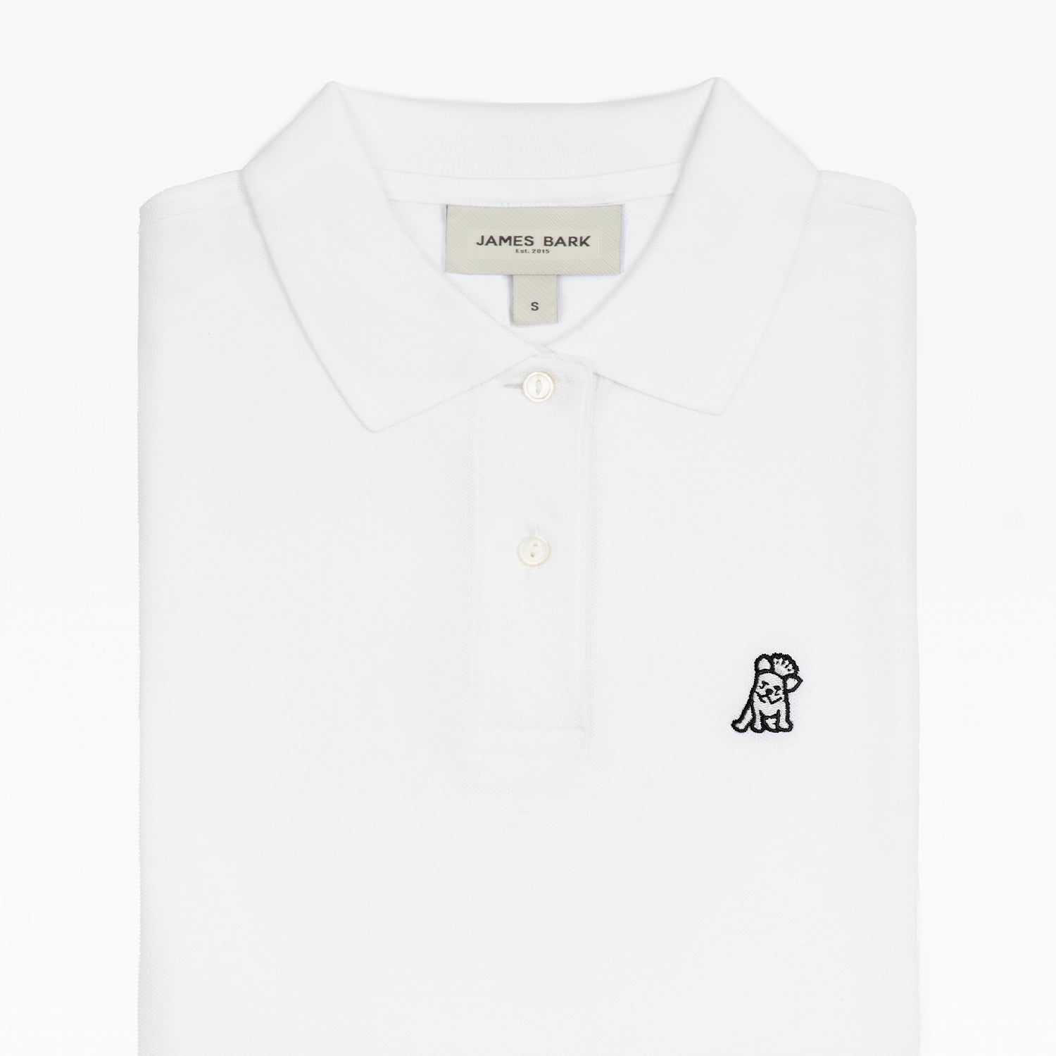 Flat-lay front view of the white polo shirt displaying the buttoned collar and embroidered logo.