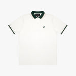 Flat-lay of the white polo shirt: The shirt is laid flat, showcasing the front design with a dark green collar, sleeve cuffs, button placket, and the small embroidered logo on the chest.