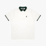 Flat-lay of the white polo shirt: The shirt is laid flat, showcasing the front design with a dark green collar, sleeve cuffs, button placket, and the small embroidered logo on the chest.