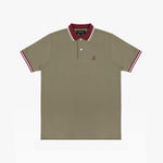 Flat-lay of the olive polo shirt: The shirt is laid flat, showcasing the front design with a maroon collar, sleeve cuffs, and button placket, along with the small embroidered logo on the chest.