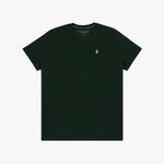 The green t-shirt laid flat, showing the front of the shirt with the small embroidered animal logo on the left chest.