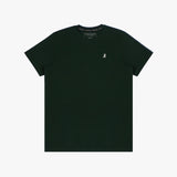 The green t-shirt laid flat, showing the front of the shirt with the small embroidered animal logo on the left chest.