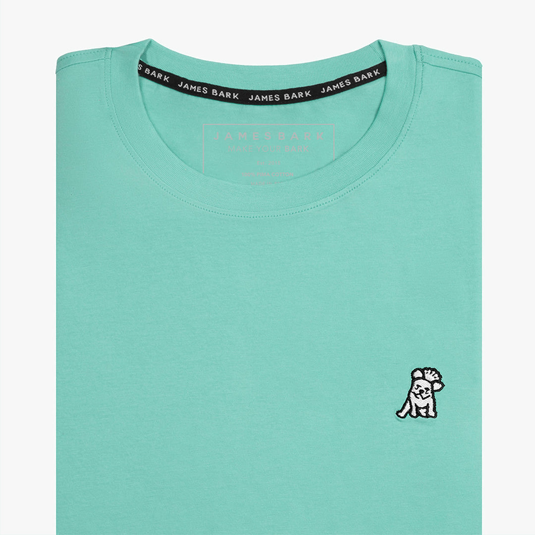 Close-up of the mint green t-shirt showing the crew neckline and a small embroidered animal logo on the left chest.