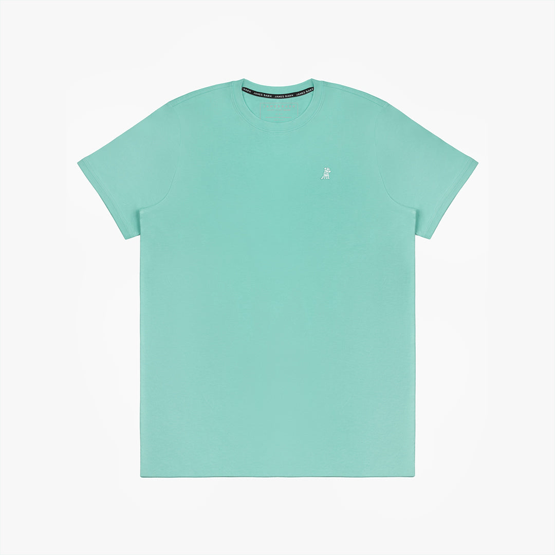 The mint green t-shirt laid flat, showing the front of the shirt with the small embroidered animal logo on the left chest.