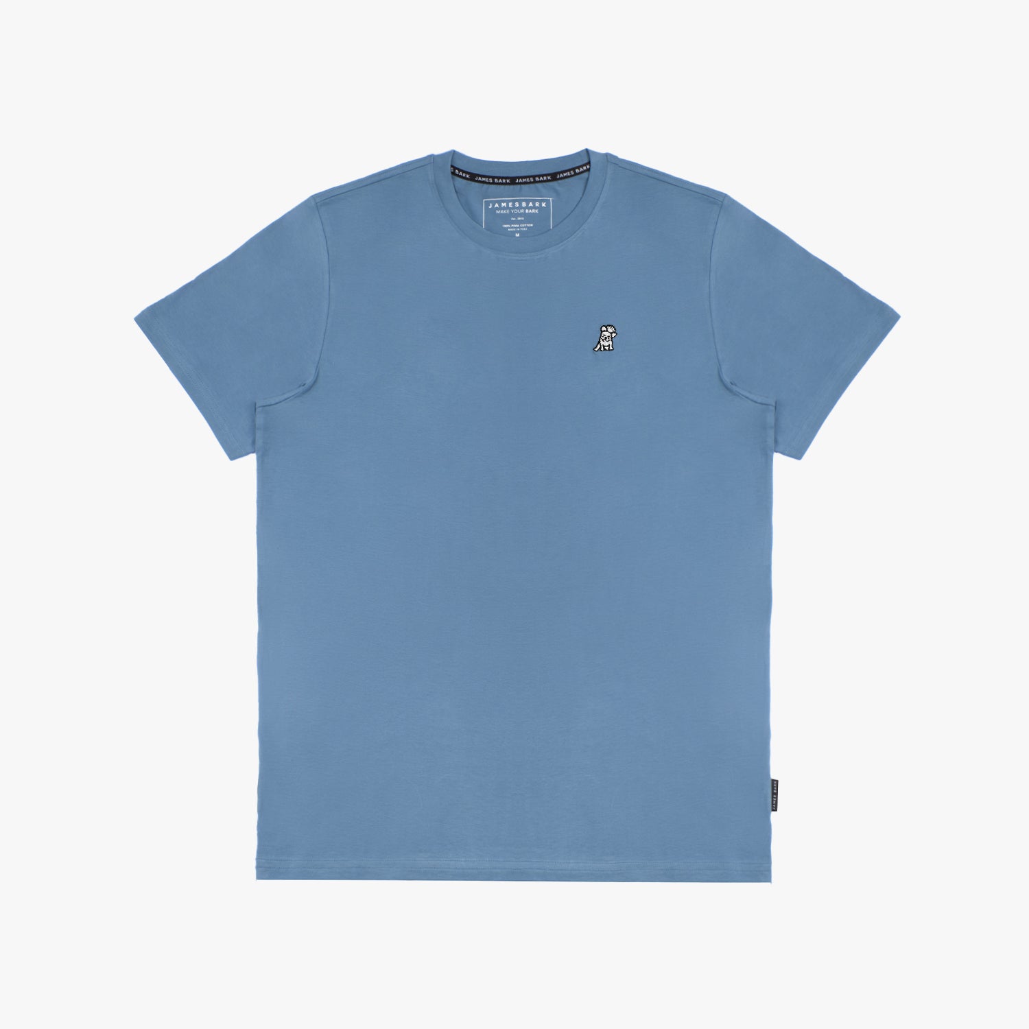 The blue t-shirt laid flat, showing the front of the shirt with the small embroidered animal logo on the left chest.