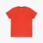 The orange t-shirt laid flat, showing the front of the shirt with the small embroidered animal logo on the left chest.