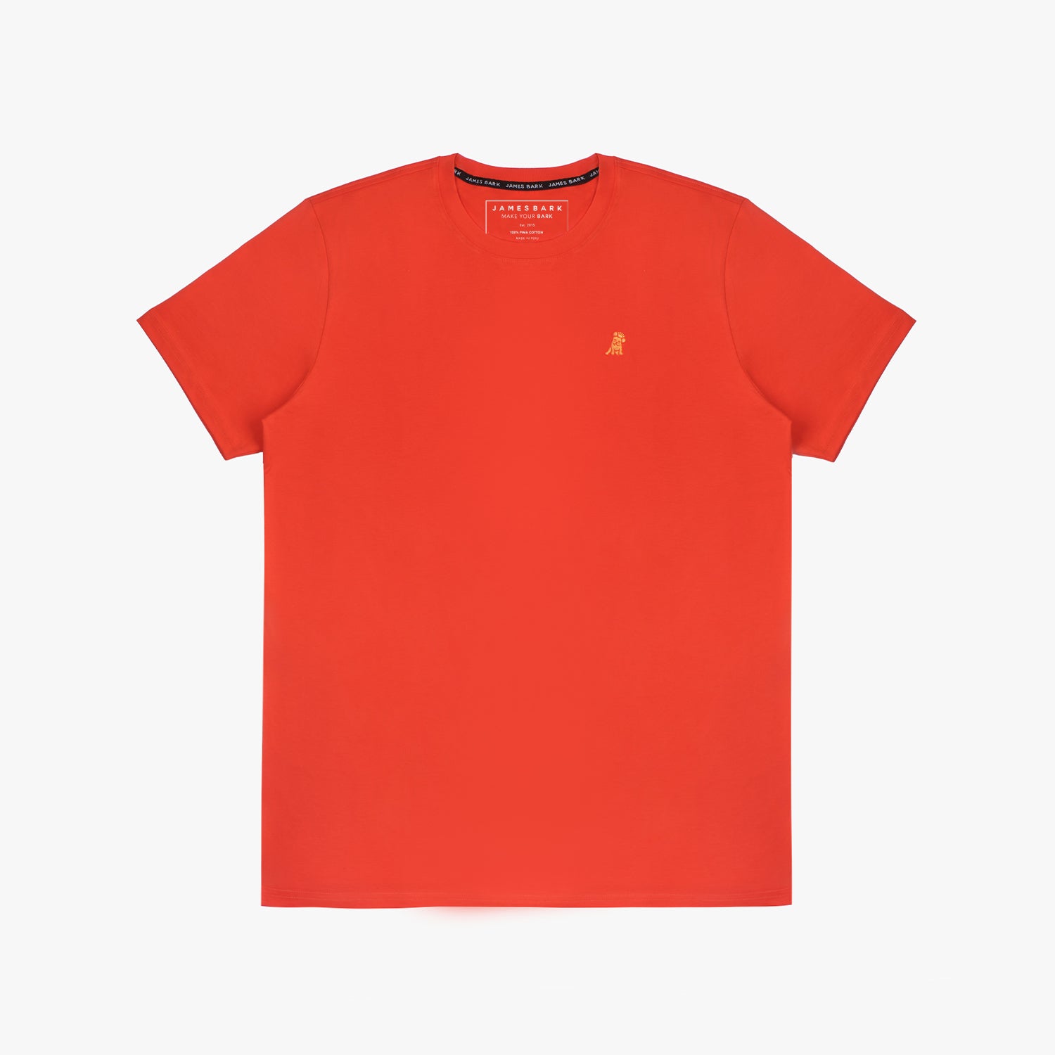 The orange t-shirt laid flat, showing the front of the shirt with the small embroidered animal logo on the left chest.