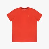 The orange t-shirt laid flat, showing the front of the shirt with the small embroidered animal logo on the left chest.