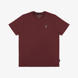 A flat-lay image of the maroon t-shirt, laid out on a white background.