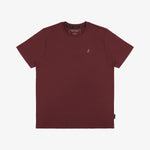 A flat-lay image of the maroon t-shirt laid out on a white background.