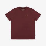 A flat-lay image of the maroon t-shirt laid out on a white background.