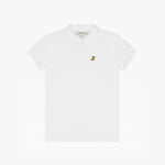 Flat-lay front view of the white polo shirt, showcasing the button collar and logo.