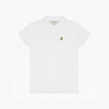 Flat-lay front view of the white polo shirt, showcasing the button collar and logo.