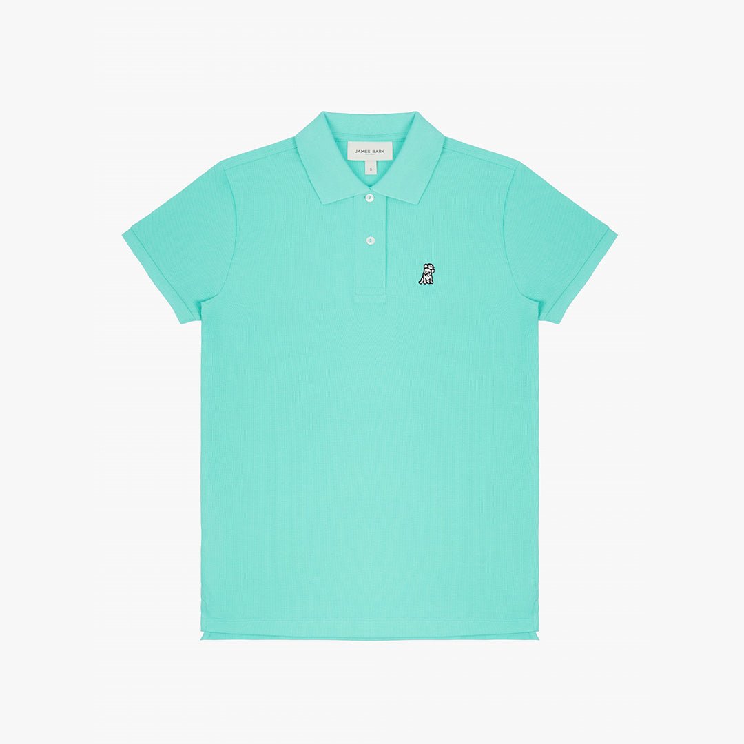 Flat-lay front view of the light turquoise polo shirt showcasing the button collar and embroidered logo.