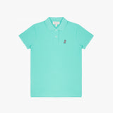 Flat-lay front view of the light turquoise polo shirt showcasing the button collar and embroidered logo.