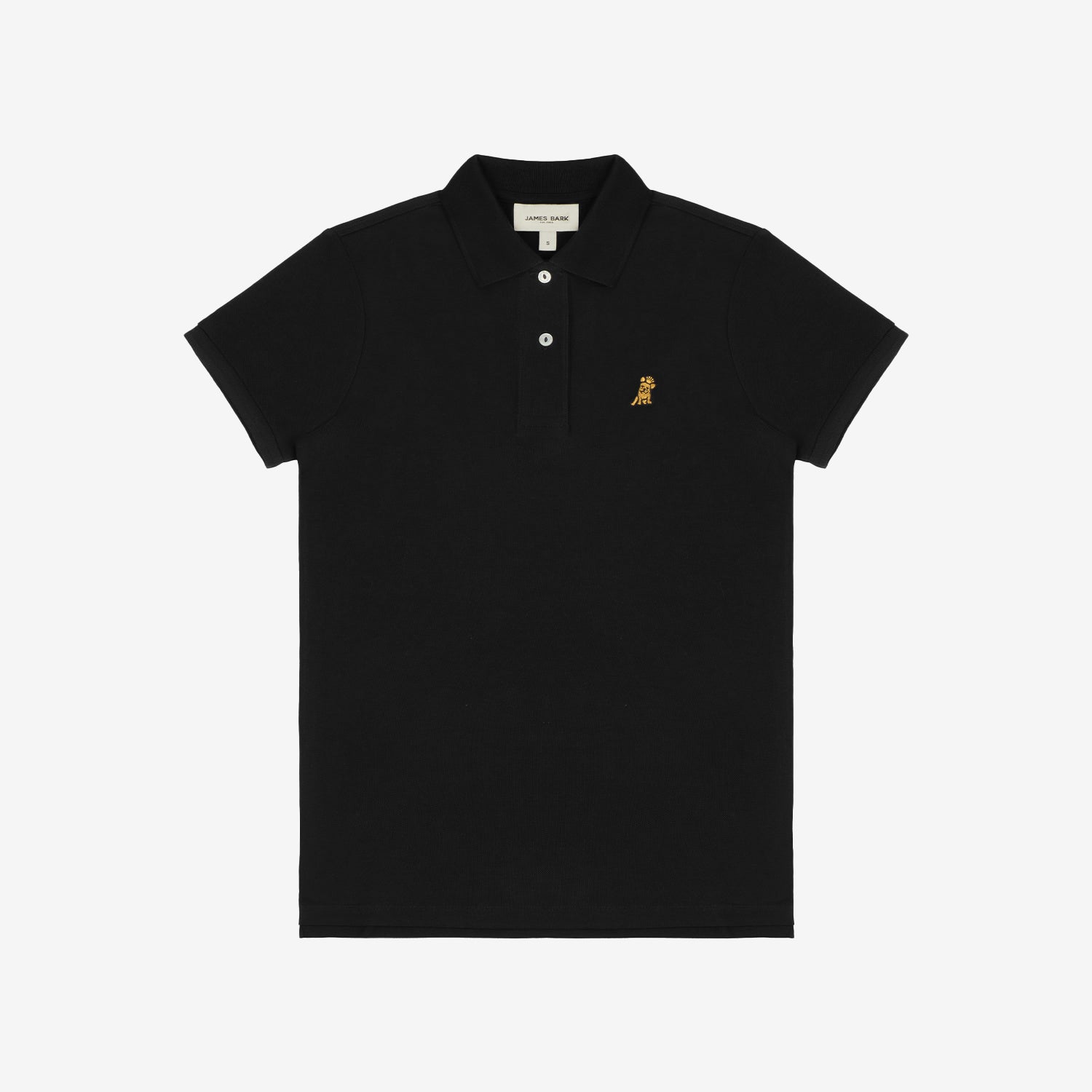 Flat-lay front view of the black polo shirt showing the buttoned collar and gold embroidered logo.