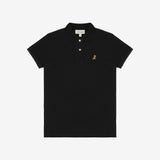 Flat-lay front view of the black polo shirt showing the buttoned collar and gold embroidered logo.