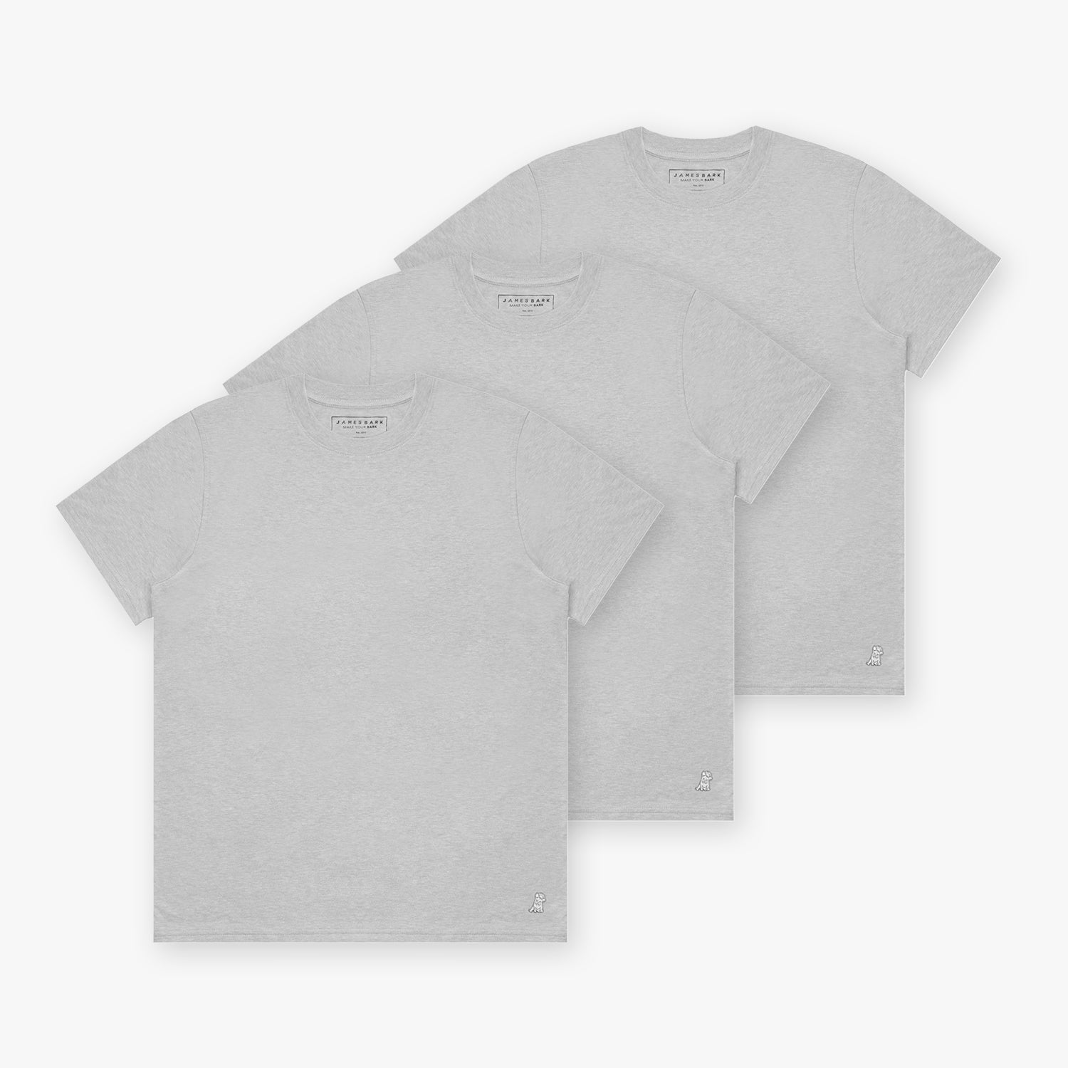 Three gray t-shirts stacked together, presented on a plain background with a simple design and logo detail visible.