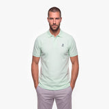 Man wearing a light green polo shirt on a white background