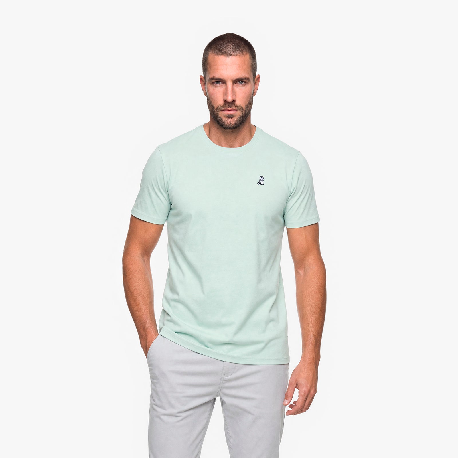 Man wearing a light green t-shirt with a small logo on a white background