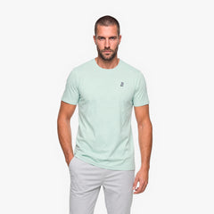 Man wearing a light green t-shirt with a small logo on a white background
