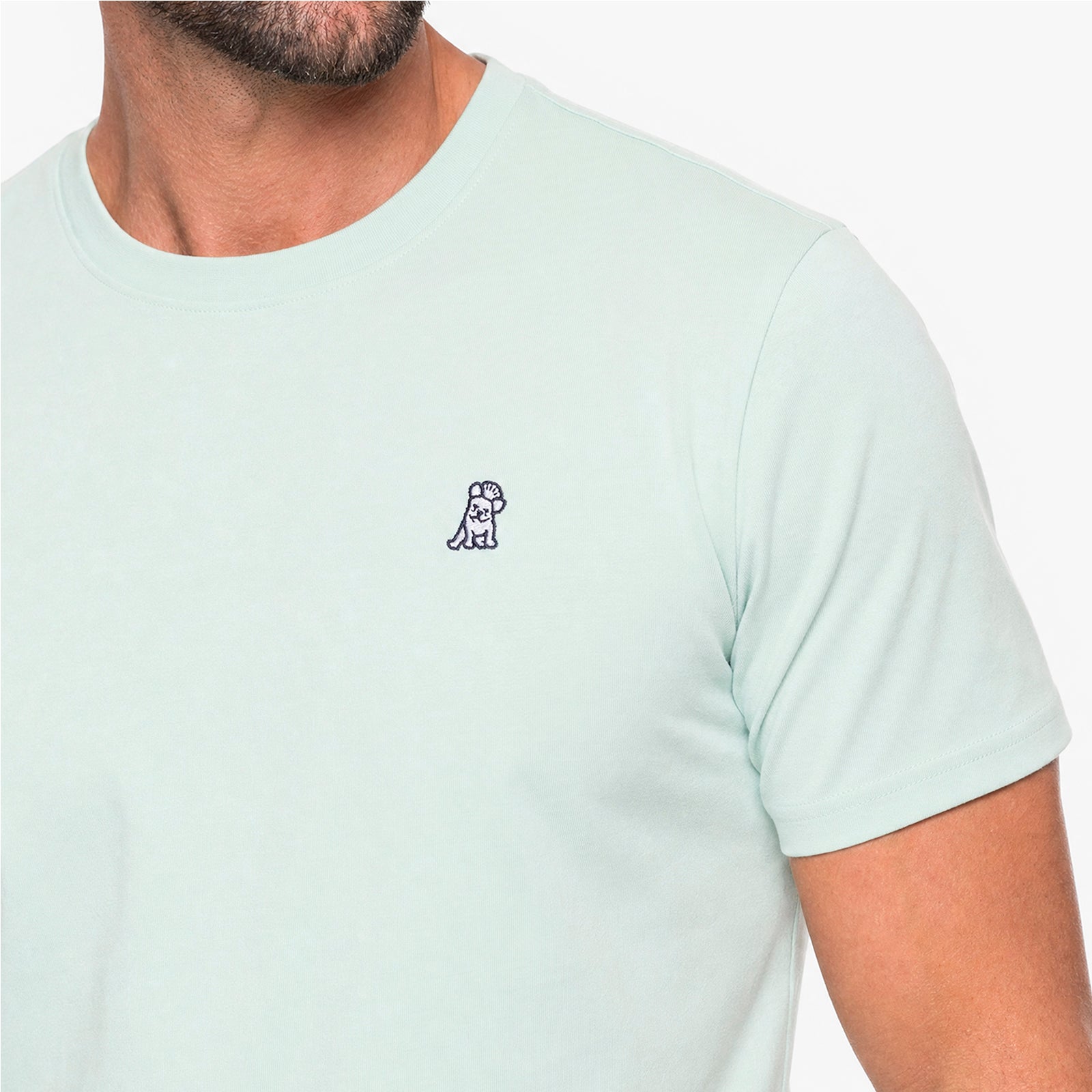 Light green t-shirt with a small logo on a white background