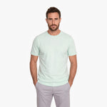 Man wearing a light green t-shirt and gray pants on a white background