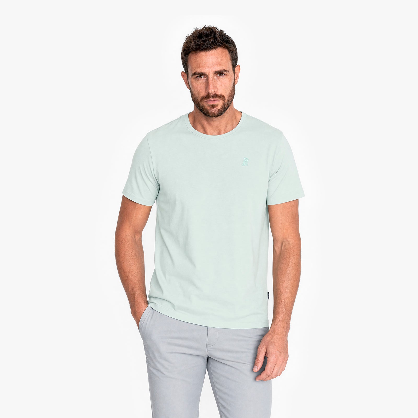 Man wearing a light green t-shirt and gray pants on a white background