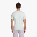 Back view of a man wearing a light green t-shirt