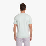 Back view of a man wearing a light green t-shirt