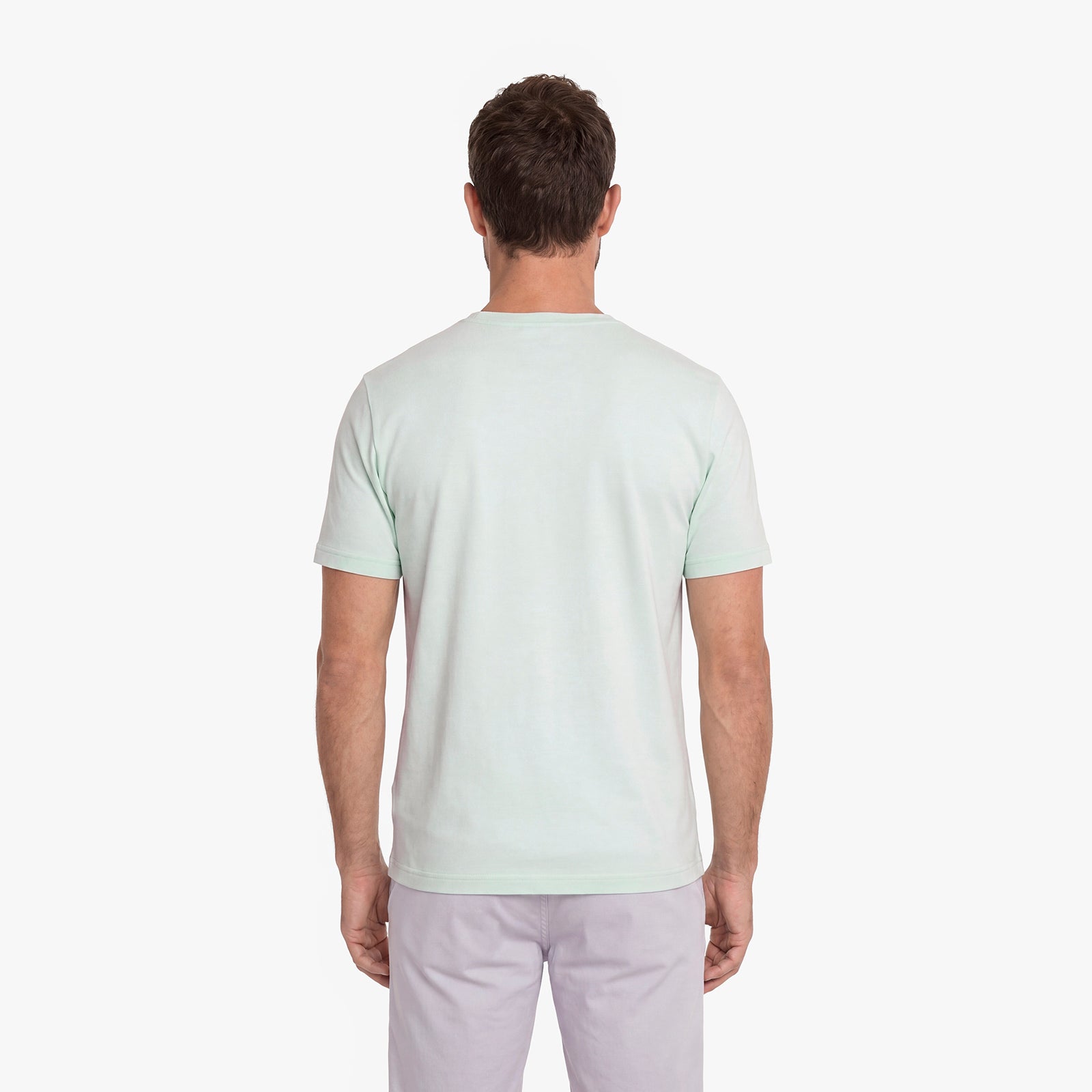 Back view of a man wearing a light green t-shirt
