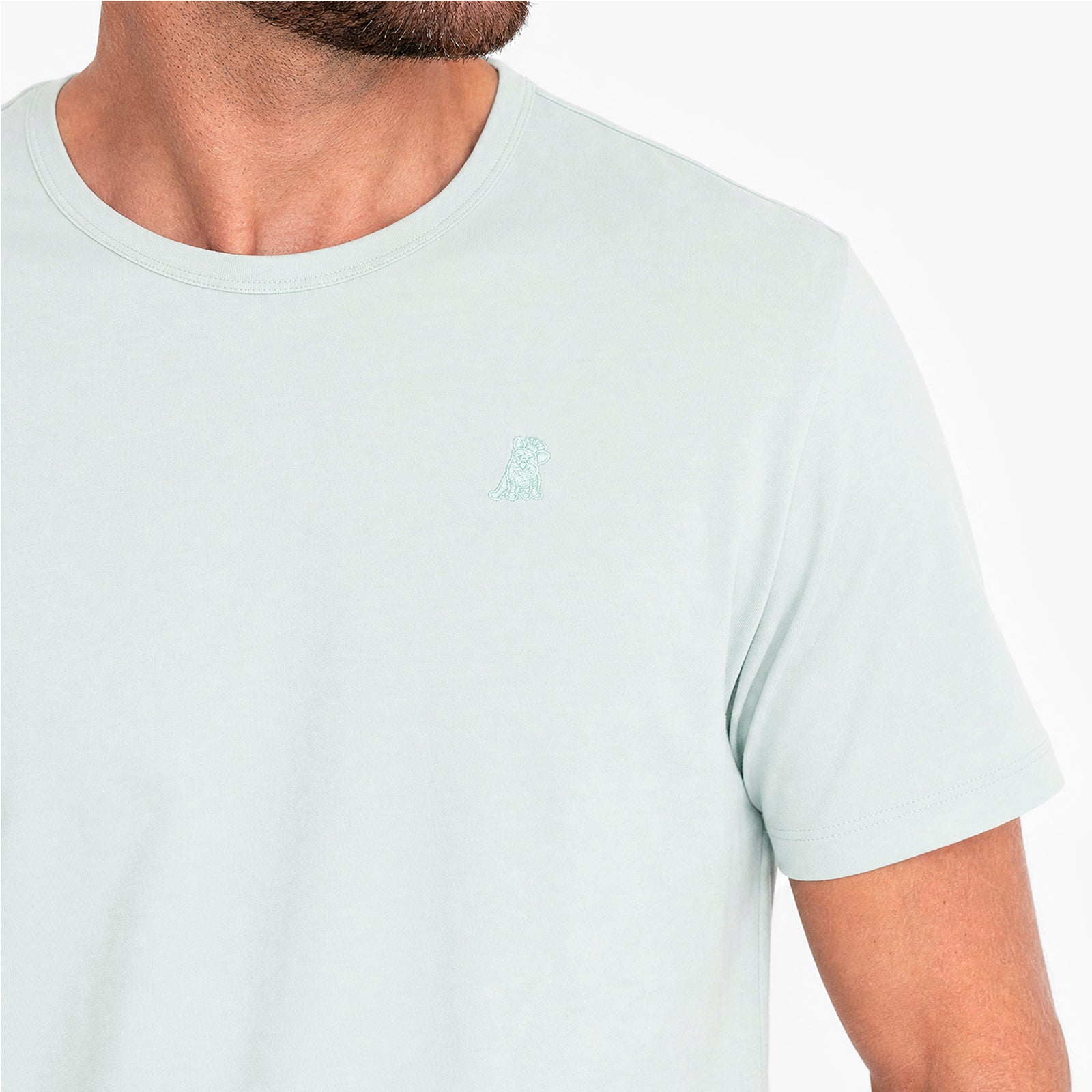 Light green t-shirt with a small green logo on a white background