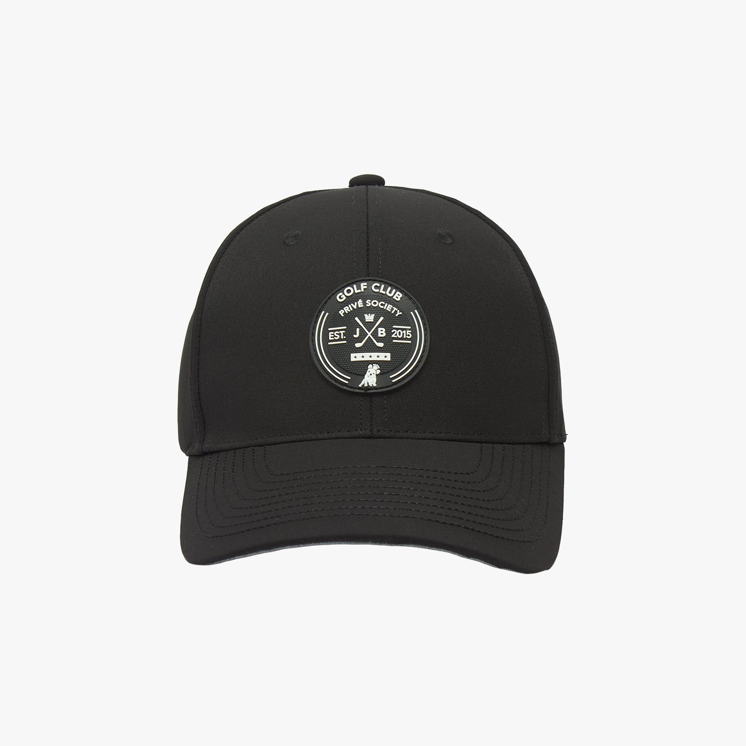 Black James Bark cap with a circular black and white patch that reads "GOLF CLUB PRIVÉ SOCIETY"