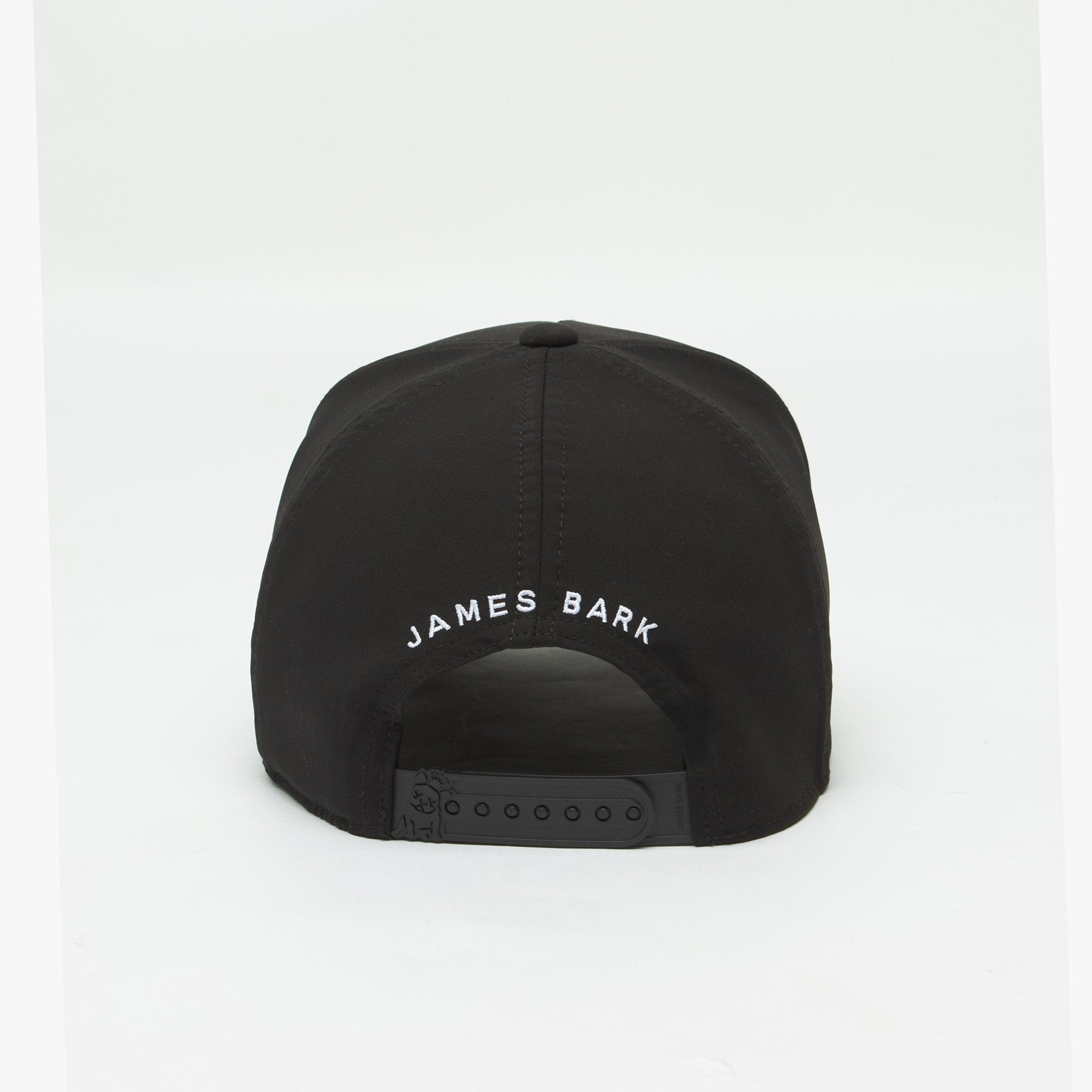 Rear view of the black cap displaying "JAMES BARK" text embroidered in white