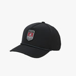Side view of a black James Bark golf cap featuring a braided rope detail across the visor