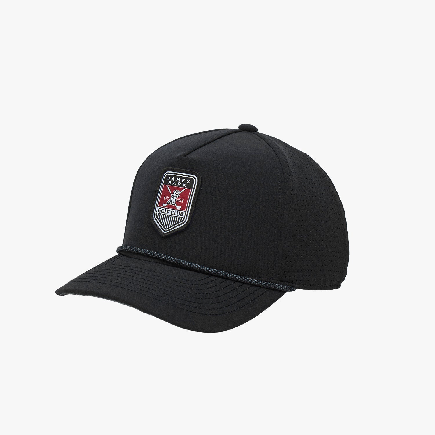 Side view of a black James Bark golf cap featuring a braided rope detail across the visor