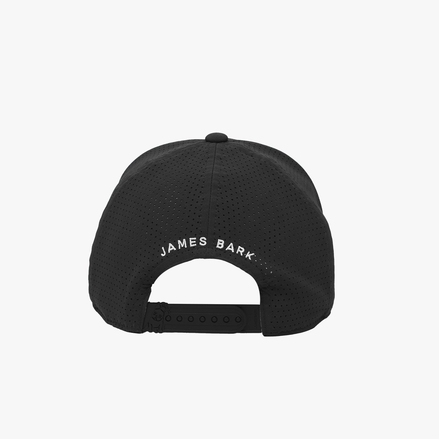 Rear view of the black cap. "JAMES BARK" is embroidered in white text