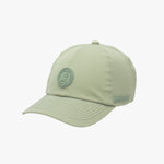Side view of a light green baseball cap with a logo on a white background